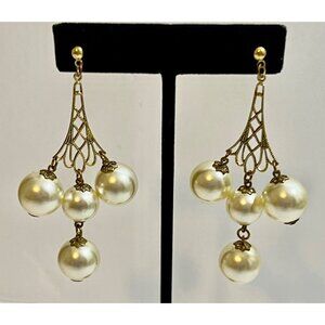 Extra Large Gold Tone Faux Pearl Chandelier Statement Runway Earrings Pierced 3"